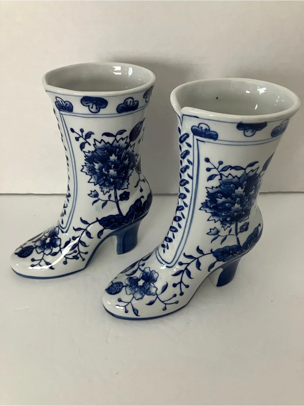 Vintage Blue and White Floral Boot Vases